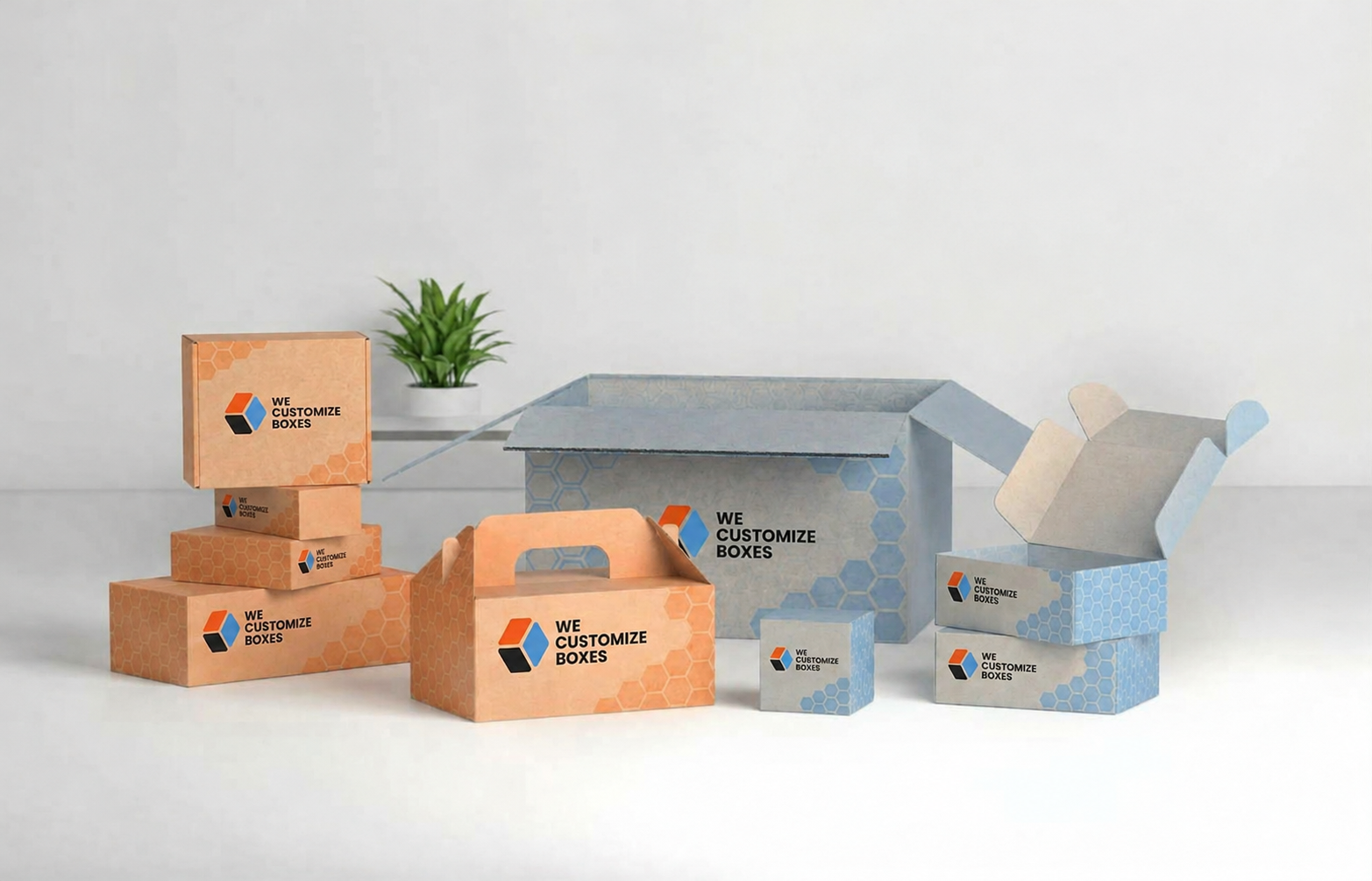 A display of custom printed boxes and paper bags in different colours and sizes